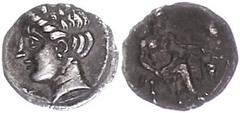 Ancient Coins Kilikien Kilikien, Obol (0,60g), 4. Jhd. v. Chr. Av: Sitzender Baaltars nach rechts. Rev: Weiblicher Kopf mit Diadem (Apollo?). SNG Levante 222, ss. ss Cilicia, obol (0, 60g), 4. Jhd. BC