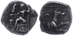 Ancient Coins Kilikien Kilikien, Obol, (0,59g), ca. 4. Jhd. v. Chr. Av: Thronender Baal nach links, im Feld links Weinrebe. Rev: Wolfsprotome.SNG Levante 223, ss. ss Cilicia, obol, (0, 59g), approxima