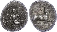 Ancient Coins Zypern Salamis, 1/3 Stater (3,13g), 411-374 v. Chr., Euagoras I. Av: Auf Felsen sitzender Herakles nach rechts. Rev: Ziege nach rechts. SNG Cop. 49, ss. ss Salamis, 1/3 Stater (3.13g), 4