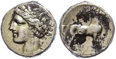 Ancient Coins Zeugitana Zeugitania, Karthago, Elektron Stater (7,53g), 310-270 v. Chr. Av: Kopf der Tanit nach links. Rev: Stehendes Pferd nach rechts. Jenkins/Lewis Gruppe VII, etwas Belag, ss. ss Ze