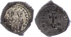 Ancient Coins Münzen Byzanz Heraclius, 610-641, Hexagramm (6,70g), Konstantinopel. Av: Heraclius und Heraclius Constantin thronen von vorn, darum Umschrift. Rev: Krückenkreuz auf Globus und drei Stufe