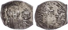 Ancient Coins Münzen Byzanz Constans II., 641-668, Hexagramm (6,15g), Konstantinopel. Av: Brustbild Constans II. und Constantin IV. von vorn, darum Umschrift. Rev: Krückenkreuz auf Globus und drei Stu