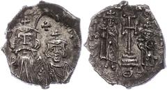 Ancient Coins Münzen Byzanz Constans II., 641-668, Hexagramm (6,57g), Konstantinopel. Av: Brustbild Constans II. und Constantin IV. von vorn, darum Umschrift. Rev: Krückenkreuz auf Globus und drei Stu