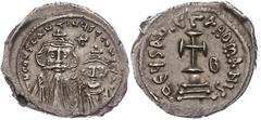 Ancient Coins Münzen Byzanz Constans II., 641-668, Hexagramm (6,61g), Konstantinopel. Av: Brustbild Constans II. und Constantin IV. von vorn, darum Umschrift. Rev: Krückenkreuz auf Globus und drei Stu