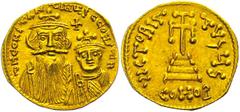 Ancient Coins Münzen Byzanz Constans II., 641-668, Solidus (4,40g), Konstantinopel. Av: Die Büsten von Constans II. und Constantinus IV. von vorn, darum Umschrift. Rev: Krückenkreuz auf drei Stufen, d