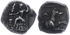 Ancient Coins Kilikien Kilikien, Obol, (0,59g), ca. 4. Jhd. v. Chr. Av: Thronender Baal nach links, im Feld links Weinrebe. Rev: Wolfsprotome.SNG Levante 223, ss. ss Cilicia, obol, (0, 59g), approxima