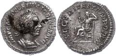 Ancient Coins Münzen Römische Kaiserzeit Macrinus, 217-218, Denar (1,56g). Av: Büste nach rechts, darum Umschrift. Rev: Securitas nach links sitzend, darum "SECVRITAS TEMPORVM". Belag auf Avers, ss-vz