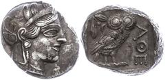 Ancient Coins Attika Athen, Tetradrachme (17,16g), ca. 403-365 v. Chr. Av: Athenekopf mit attischem Helm nach rechts. Rev: Eule nach rechts, dahinter Ölzweig und Mondsichel, davor "AOE". Svoronos Pl. 