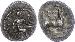 Ancient Coins Zypern Salamis, 1/3 Stater (3,13g), 411-374 v. Chr., Euagoras I. Av: Auf Felsen sitzender Herakles nach rechts. Rev: Ziege nach rechts. SNG Cop. 49, ss. ss Salamis, 1/3 stater (3, 13g), 