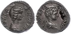 Ancient Coins Münzen Römische Kaiserzeit Julia Domna, 217, Denar (2,92g). Av: Büste nach rechts, darum Umschrift. Rev: Büste des Geta nach rechts, darum "P SEPT GETA CAFES PONT". RIC 571, etwas Belag,