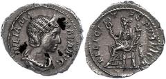 Ancient Coins Münzen Römische Kaiserzeit Julia Mamaea, 235, Denar (2,53g). Av: Kopf nach rechts, darum Umschrift. Rev: Felicitas nach links sitzend, darum "FELICITAS PVBLICA", etwas Belag, vz. vz Coin