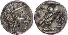 Ancient Coins Attika Athen, Tetradrachme (15,18g), ca. 5. Jhd. v. Chr. (subärate Prägung). Av: Athenekopf mit attischem Helm nach rechts. Rev: Eule nach rechts, dahinter Ölzweig und Mondsichel, davor 