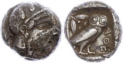 Ancient Coins Attika Athen, Tetradrachme (16,83g), ca. 431 v. Chr. Av: Athenekopf mit attischem Helm nach rechts. Rev: Eule nach rechts, dahinter Ölzweig und Mondsichel, davor "AOE". Svoronos Pl. 10 N