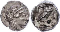 Ancient Coins Attika Athen, Tetradrachme (17,12g), ca. 415 v. Chr. Av: Athenekopf mit attischem Helm nach rechts. Rev: Eule nach rechts, dahinter Ölzweig und Mondsichel, davor "AOE". Svoronos Pl. 13, 