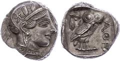 Ancient Coins Attika Athen, Tetradrachme (17,14g), ca. 415 v. Chr. Av: Athenekopf mit attischem Helm nach rechts. Rev: Eule nach rechts, dahinter Ölzweig und Mondsichel, davor "AOE". Svoronos Pl. 13, 