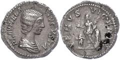Ancient Coins Münzen Römische Kaiserzeit Plautilla, 202-205, Denar (1,63g). Av: Büste nach rechts, darum Umschrift. Rev: Venus nach links stehend, darum "VENVS VICTRIX". Kratzer auf Revers, ss-vz. ss-