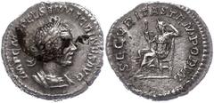 Ancient Coins Münzen Römische Kaiserzeit Macrinus, 217-218, Denar (1,56g). Av: Büste nach rechts, darum Umschrift. Rev: Securitas nach links sitzend, darum "SECVRITAS TEMPORVM". Belag auf Avers, ss-vz