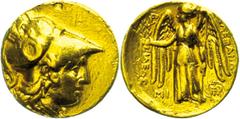 Ancient Coins Makedonien Stater (8,19g), Gold, postum, 311-305 v. Chr., Alexander III., Babylon. Av: Athenakopf mit korinthischem Helm nach rechts. Rev: Nike steht l. mit Kranz und Stylis, links "MI",
