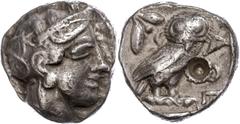 Ancient Coins Attika Athen, Tetradrachme (16,91g), ca. 5./4. Jhd. v. Chr.. Av: Athenekopf mit attischem Helm nach rechts. Rev: Eule nach rechts, dahinter Ölzweig und Mondsichel, davor "AOE". Bohrstell
