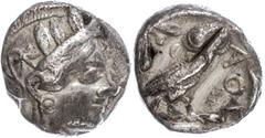 Ancient Coins Attika Athen, Tetradrachme (17,04g), ca. 5./4. Jhd. v. Chr.. Av: Athenekopf mit attischem Helm nach rechts. Rev: Eule nach rechts, dahinter Ölzweig und Mondsichel, davor "AOE". Prüfhieb,