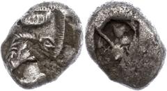 Ancient Coins Lykien Stater (9,09g), ca. 500 v. Chr.. Av. Wildschweinprotome nach rechts. Rev: Incusum. SNG von Aulock 4043, Prüfhieb?, Belag, ss. ss Stater (9, 09g), approximate 500 BC. Av. Wild boar
