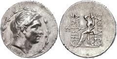 Ancient Coins Seleukidien Tetradrachme (16,67g), 162-155/54 v. Chr., Demetrios I. Soter, Antiochia. Av. Kopf nach rechts, darum Kranz. Rev: Thronende Tyche mit Füllhorn nach links. SC 1640(1), hohes R