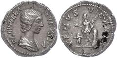 Ancient Coins Münzen Römische Kaiserzeit Plautilla, 202-205, Denar (1,63g). Av: Büste nach rechts, darum Umschrift. Rev: Venus nach links stehend, darum "VENVS VICTRIX". Kratzer auf Revers, ss-vz. ss-