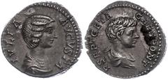 Ancient Coins Münzen Römische Kaiserzeit Julia Domna, 217, Denar (2,92g). Av: Büste nach rechts, darum Umschrift. Rev: Büste des Geta nach rechts, darum "P SEPT GETA CAFES PONT". RIC 571, etwas Belag,