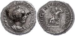 Ancient Coins Münzen Römische Kaiserzeit Macrinus, 217-218, Denar (1,56g). Av: Büste nach rechts, darum Umschrift. Rev: Securitas nach links sitzend, darum "SECVRITAS TEMPORVM". Belag auf Avers, ss-vz