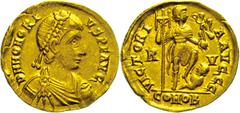 Ancient Coins Münzen Römische Kaiserzeit Honorius, 393-424, Solidus (4,42g). Av: Büste nach rechts, darum Umschrift. Rev: Kaiser mit Viktoria und Labarum steht auf Gefangenem, darum Umschrift. RIC 135