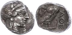 Ancient Coins Attika Athen, Tetradrachme (17,16g), ca. 403-365 v. Chr. Av: Athenekopf mit attischem Helm nach rechts. Rev: Eule nach rechts, dahinter Ölzweig und Mondsichel, davor "AOE". Svoronos Pl. 