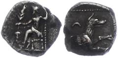 Ancient Coins Kilikien Obol, (0,59g), ca. 4. Jhd. v. Chr. Av: Thronender Baal nach links, im Feld links Weinrebe. Rev: Wolfsprotome.SNG Levante 223, ss. ss Cilicia Obol, (0, 59g), approximate 4. Jhd. 