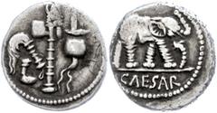 Ancient Coins Münzen Römische Republik C. Iulius Caesar, Denar (3,32g), 49/48 v. Chr., Heeresmünzstätte in Gallien. Av: Elefant nach rechts zertritt Schlange, im Abschnitt darunter "CAESAR". Rev: Prie