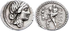 Ancient Coins Münzen Römische Republik C. Iulius Caesar, Denar (3,75g), 47/46 v. Chr., Heeresmünzstätte in Afrika. Av: Venuskopf nach rechts. Rev: Aeneas mit Palladium und seinem Vater Anchises auf de