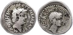 Ancient Coins Münzen Römische Republik M. Antonius und M. Barbatius Pollio, Denar (3,69g), 41 v. Chr., Athen. Av: Kopf des M. Antonius nach rechts, darum Umschrift. Rev: Kopf des Octavianus nach recht