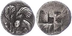 Ancient Coins Makedonien Argilos, Diobol (1,36g), ca. 495-477 v. Chr. Av: Pegasosprotome nach rechts. Rev: Vierfach geteiltes Incusum. ss. ss Macedonia Argilos, Diobol (1, 36g), approximate 495-477 BC