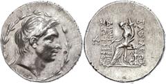 Ancient Coins Seleukidien Tetradrachme (16,67g), 162-155/54 v. Chr., Demetrios I. Soter, Antiochia. Av. Kopf nach rechts, darum Kranz. Rev: Thronende Tyche mit Füllhorn nach links. SC 1640(1), hohes R