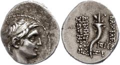 Ancient Coins Seleukidien Drachme (4,14g), 153/152 v. Chr., Demetrios I. Soter, Antiochia. Av: Kopf nach rechts. Rev: Füllhorn, links und rechts Schrift, darunter Datum. SC 1642.2, Avers dezentriert, 