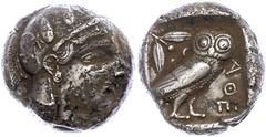 Ancient Coins Attika Athen, Tetradrachme (16,83g), ca. 431 v. Chr. Av: Athenekopf mit attischem Helm nach rechts. Rev: Eule nach rechts, dahinter Ölzweig und Mondsichel, davor "AOE". Svoronos Pl. 10 N