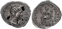 Ancient Coins Münzen Römische Kaiserzeit Julia Mamaea, 235, Denar (2,53g). Av: Kopf nach rechts, darum Umschrift. Rev: Felicitas nach links sitzend, darum "FELICITAS PVBLICA", etwas Belag, vz. vz Coin