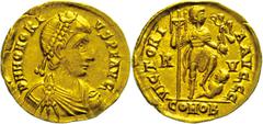 Ancient Coins Münzen Römische Kaiserzeit Honorius, 393-424, Solidus (4,42g). Av: Büste nach rechts, darum Umschrift. Rev: Kaiser mit Viktoria und Labarum steht auf Gefangenem, darum Umschrift. RIC 135