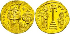 Ancient Coins Münzen Byzanz Constans II., 641-668, Solidus (4,29g), Konstantinopel. Av: Die Brustbilder von Constans II. und Constantin IV. von vorn, darum Umschrift. Rev: Krückenkreuz auf drei Stufen
