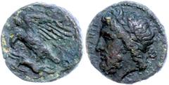 Ancient Coins Sizilien Akragas, Phintias, Tyrant, Æ (3,48g), 338-287 v. Chr., Av: Zeuskopf nach links, Rev: Adler mit Hase in den Fängen nach links, SNG ANS 1113, ss. ss Sicily Agrigentum, Phintias, T