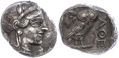 Ancient Coins Attika Athen, Tetradrachme (17,16g), ca. 403-365 v. Chr. Av: Athenekopf mit attischem Helm nach rechts. Rev: Eule nach rechts, dahinter Ölzweig und Mondsichel, davor "AOE". Svoronos Pl. 