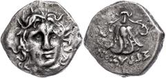 Ancient Coins Karien Rhodos, Drachme (2,53g), 304-288 v. Chr.. Av: Heloiskopf von vorn. Rev: Rose zwischen zwei Knospen. SNG Cop. 919, ss. ss Caria Rhodes, drachm (2, 53g), 304-288 BC. Av: Helios head