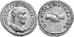 Ancient Coins Münzen Römische Kaiserzeit Pupienus, 238, Antoninian (4,13g), Rom. Av: Büste nach rechts, darum "IMP CAES PVPIEN MAXIMVS AVG". Rev: Zwei Hände im Handschlag, darum "CARITAS MVTVA AVGG". 