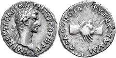 Ancient Coins Münzen Römische Kaiserzeit Nerva, 96-98, Denar (3,39g), Rom. Av: Kopf nach rechts, darum "IMP NERVA CAES AVG PM TRP COS III PP". Rev: Zwei Hände im Handschlag, darum "CONCORDIA - EXERCIT