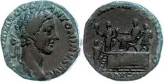 Ancient Coins Münzen Römische Kaiserzeit Commodus, 177-192, Sesterz (22,25g), Rom. Av. Kopf nach rechts, darum "M COMMODVS - ANTONINVS AVG". Rev: Commodus sitzt auf Plattform nach links, dahinter ein 