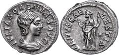 Ancient Coins Münzen Römische Kaiserzeit Julia Soaemias, 218, Denar (3,33g), Rom. Av: Büste nach rechts, darum "IVLIA SOAEMIAS AVG". Rev: Stehende Venus mit Langzepter nach links, darum "VENVS CAE-LES