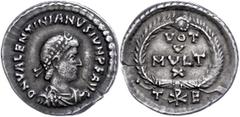 Ancient Coins Münzen Römische Kaiserzeit Valentinianus II., 375-392, Siliqua (1,88g), Thessaloniki. Av: Büste nach rechts, darum "DN VALENTINIANVS IVN PF AVG". Rev: Lorbeerkranz, darin " VOT / V / MVL
